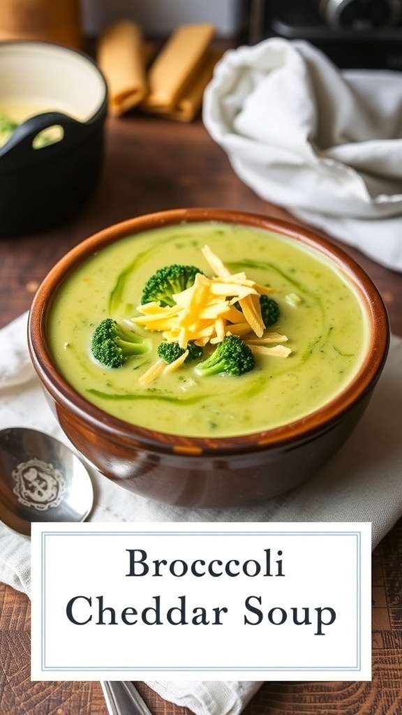 Air Fryer Broccoli Cheddar Soup Recipe A bowl of creamy broccoli cheddar soup garnished with cheese and broccoli, set on a wooden table.